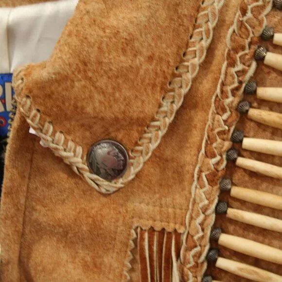 Tribe America Tan Genuine Suede Leather, Fringe along the yoke and sleeves Sz 10 - Picture 3 of 14